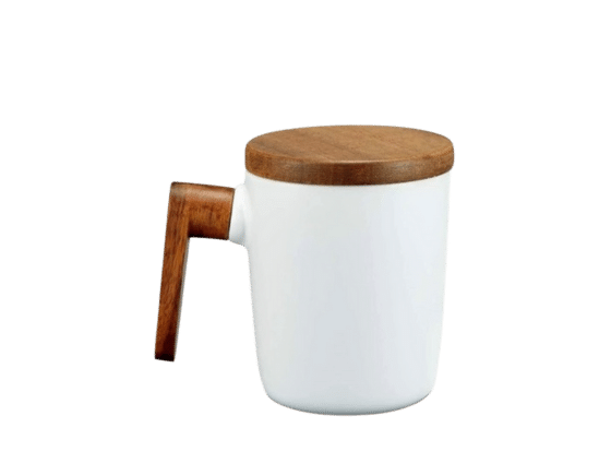 Ceramic Mug with Natural Acacia Handle and Lid